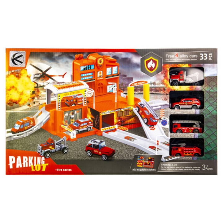 Parcare pentru copii ISP "Likesmart Parking Lot Fire Series", 4 Masinute, Semne Avertizare, 3 Rampe, 33 Piese, Portocaliu