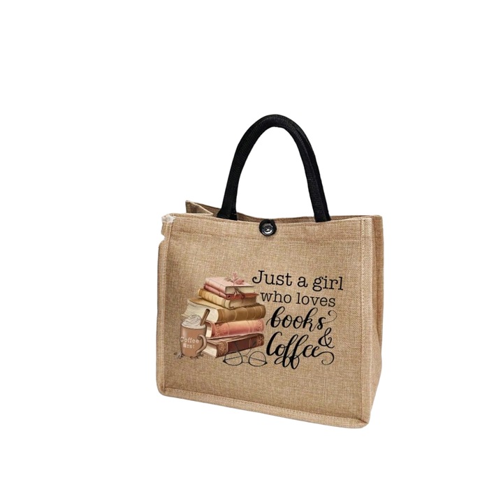 Geanta tote din material de in, model Books and Coffee, 31 x 35 x 13.5 cm, culoarea bej, The Casius.®