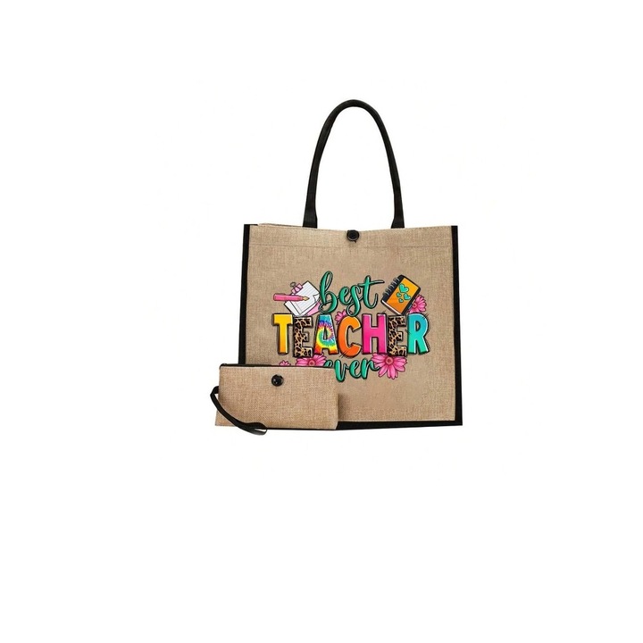 Geanta tote din material de in model in, culoarea bej, Bej, 31 x 34 x 14 cm