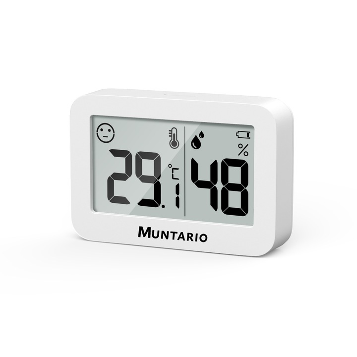 Стаен термометър и хигрометър, Muntario™, 5x3cm, цифров, LCD дисплей за температура и влажност, индикатор за комфорт, бял