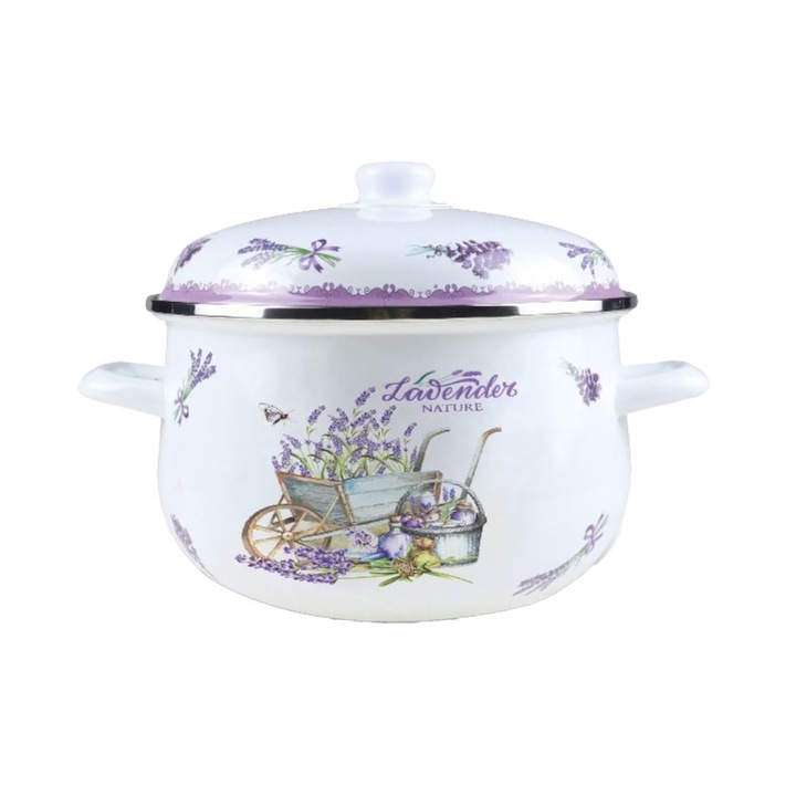 Zománcozott fazék fedővel, 20 cm, 2.90 l, fehér / lila, Grunberg, GR2000B modell