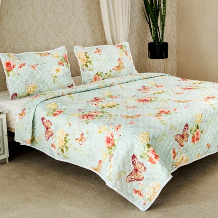 Cuvertura de pat dublu 200x220cm si 2 fete de perna 50x70cm, matlasate, microfibra, multicolor, Meltem, LDP-MLM-CVR-100234