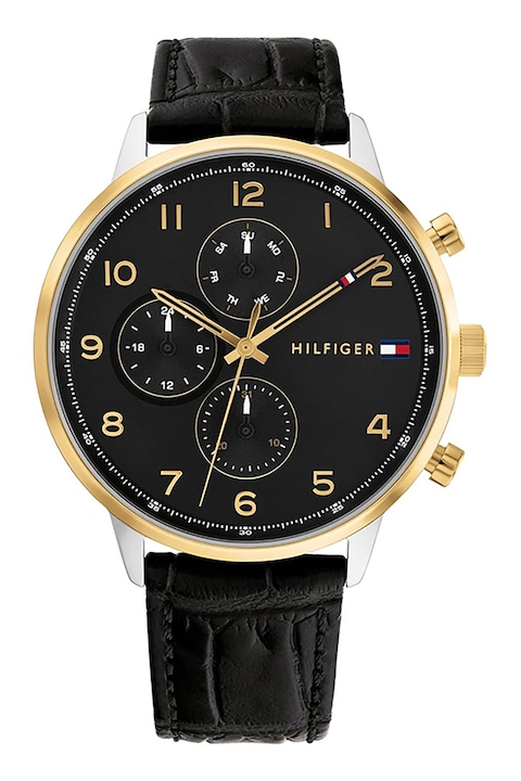 Tommy Hilfiger, Мултифункционален часовник с кожена каишка, Златист, Черен