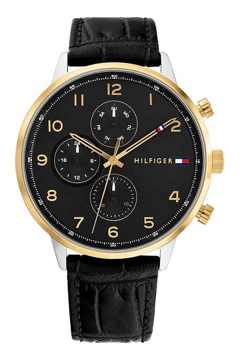 Tommy Hilfiger, Мултифункционален часовник с кожена каишка, Златист, Черен