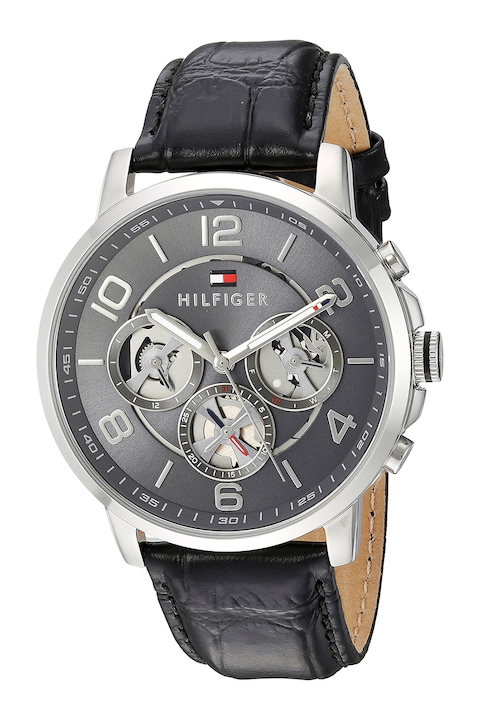 Tommy Hilfiger, Мултифункционален часовник с кожена каишка, Черен