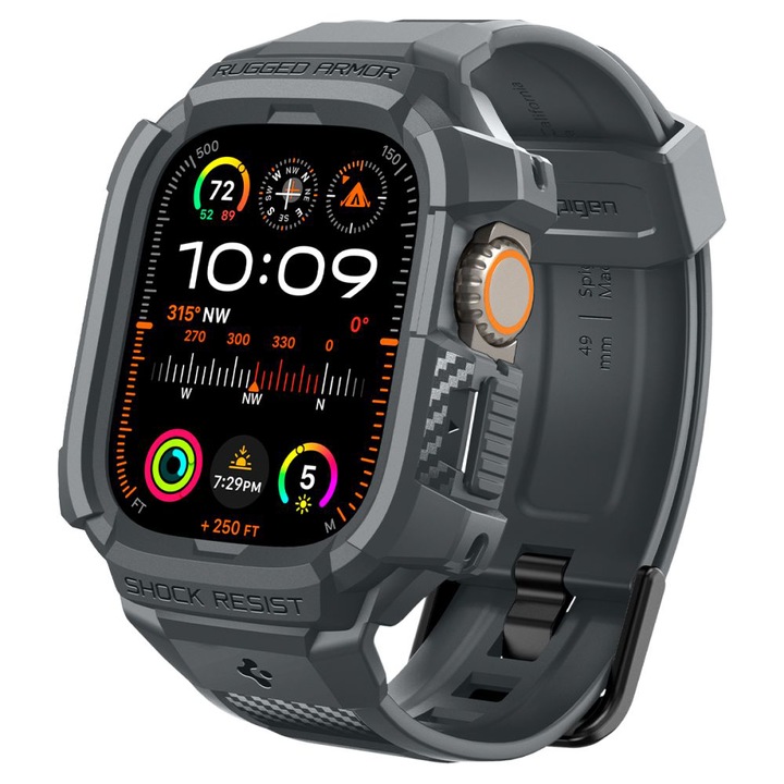 Калъф за Apple Watch Ultra / Ultra 2 + каишка, Spigen Rugged Armor Pro, тъмно сив