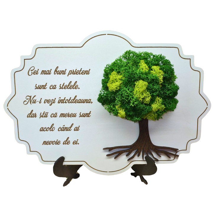 Tablou din lemn multiform conturat A4 (30x21 cm) - Cei mai buni prieteni sunt ca stelele. - decorata cu licheni stabilizati verzi