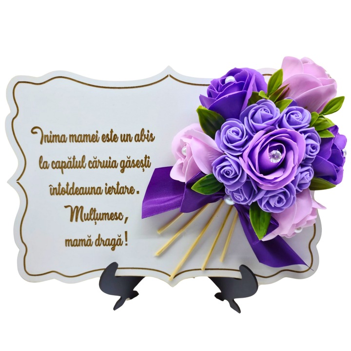 Tablou din lemn multiform conturat A4 (30x21 cm) - Inima mamei este un abis-decorat cu flori de sapun mov, mov deschis