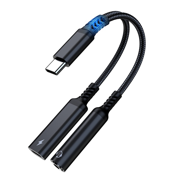 Аудио адаптер 2 в 1 слушалки USB тип C към жак 3,5 mm, enkourakoko, малки и преносими, изключително високо качество, Plug and Play, универсални, премиум качество, черни