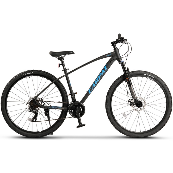 Bicicleta MTB Carpat Invictus C2957C, schimbator Shimano Tourney, 21 Viteze, cadru aluminiu, roti 29 Inch, frane pe disc, gri cu design albastru/negru