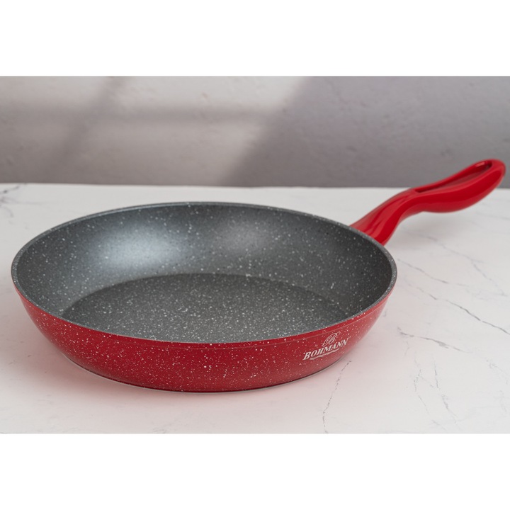 Set cratite din aluminiu forjat, 5 piese, Bohmann, marmorat interior-exterior, inclusiv inductie, rosu