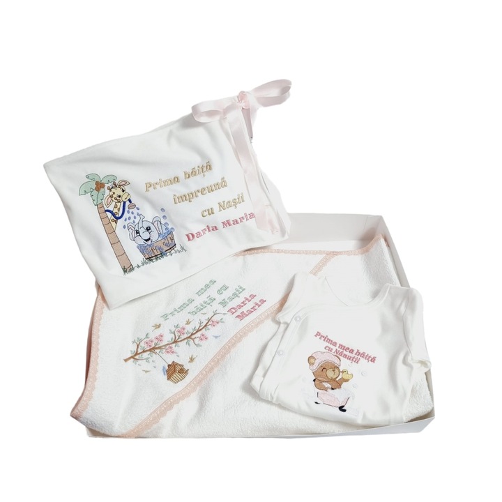 Set Prima Baita cu Nasii, dupa Botez, 3 piese, brodate si personalizate, in cutie, fetita, RoAna Atelier
