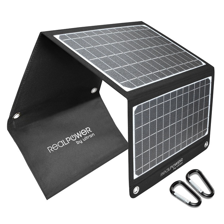 Napelemes töltő, RealPower SP-22E, 22,5 W, 5 V, 3 A, USB, fekete