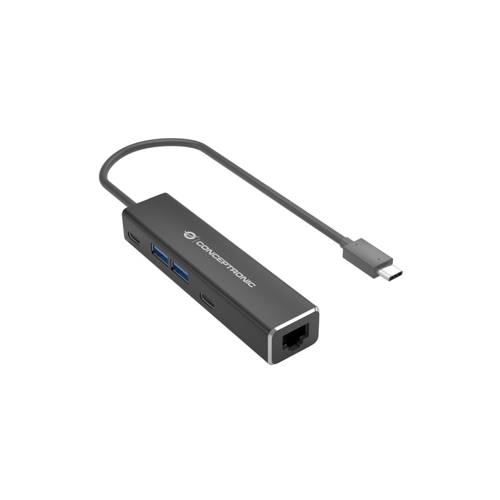Адаптер за хъб, Conceptronic, USB-C/RJ45 Gigabit, 2xUSB-C/2xUSB-A sw, черен