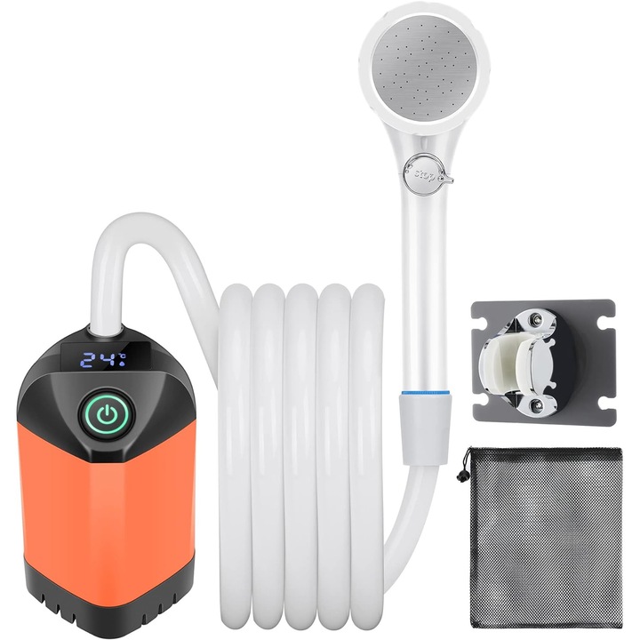 Dus portabil LunariSo cu pompa electrica si acumulator reincarcabil, Rezistent la apa, Ecran digital, 3 moduri de iesire a apei, 4400 mAh, 90 de minute de functionare, Material rezistent, Usor de transportat, Debit 3l/m
