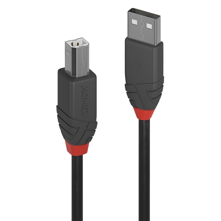 Кабел USB 2.0, Lindy, тип A към тип B, 480 Mbit/s, 5 m, Черен/Червен