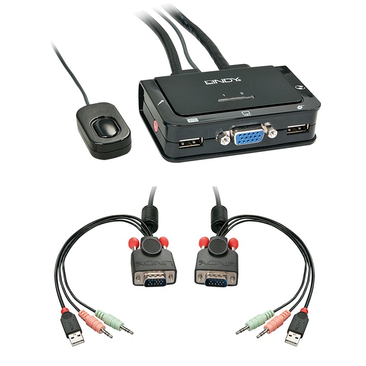 VGA KVM kapcsoló, Lindy, USB 2.0, 2 port, fekete