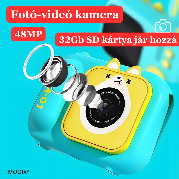 Digitális fotó-videó kamera gyerekeknek, IMODIX®, állvány, 48 MP, szelfi kamera, 2, 4 hüvelykes képernyő, fotó-videó, játékok, zene, akkumulátor 600 mAh, SD kártya 32 Gb, türkiz