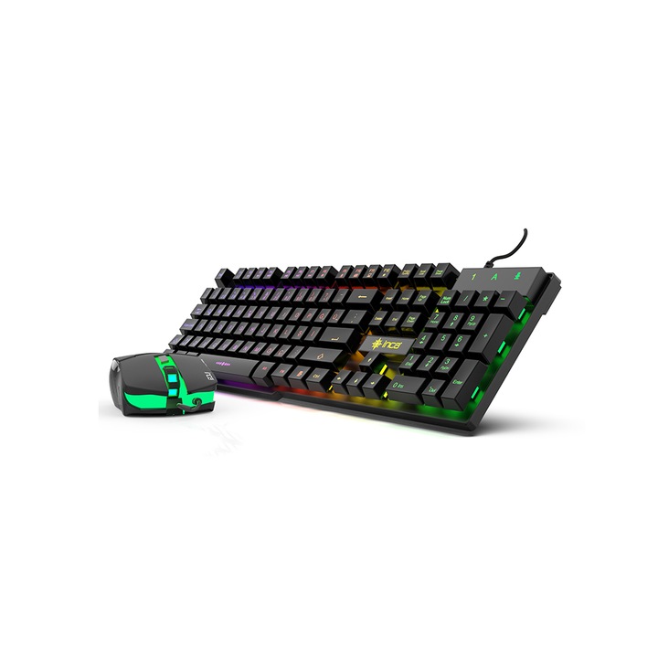 Kit tastatura si mouse, Inca, Pentru Gaming, USB, LED RGB, Negru