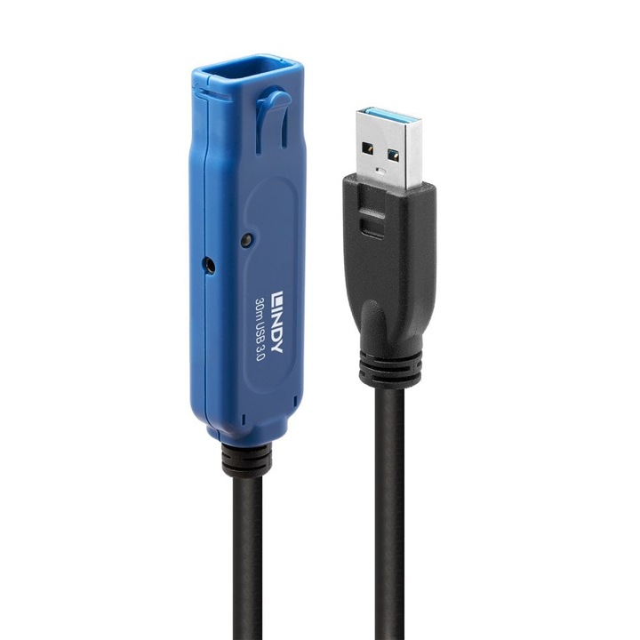 Hosszabbító kábel, Lindy, 30m, USB-A, 5000Mbit/s, Fekete/Kék