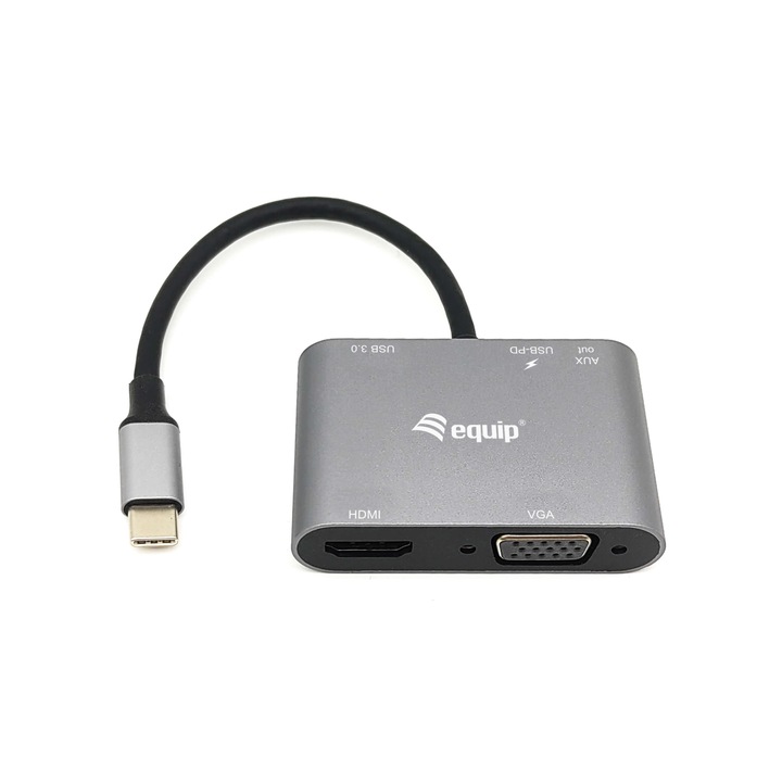 Хъб, Equip, USB-C към HDMI/VGA/USB 3.0, 5 Gbit/s, сив