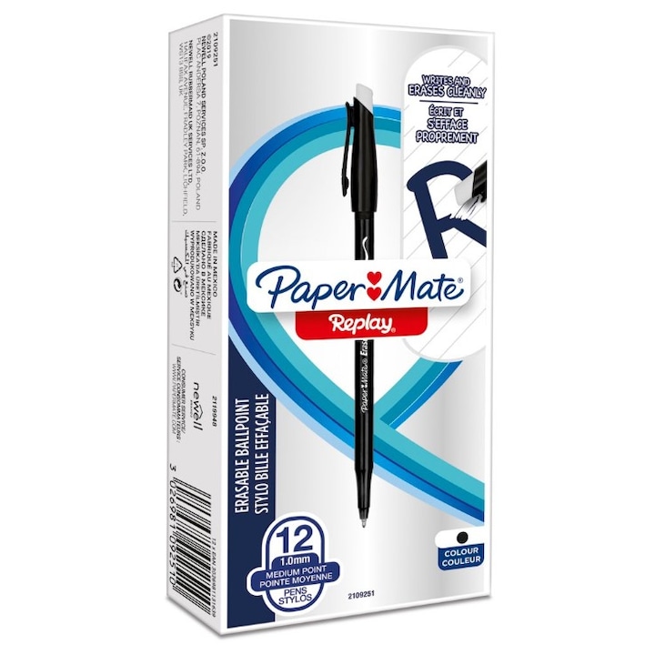 Set 12 pixuri, Paper Mate, Cu radiera, Negru
