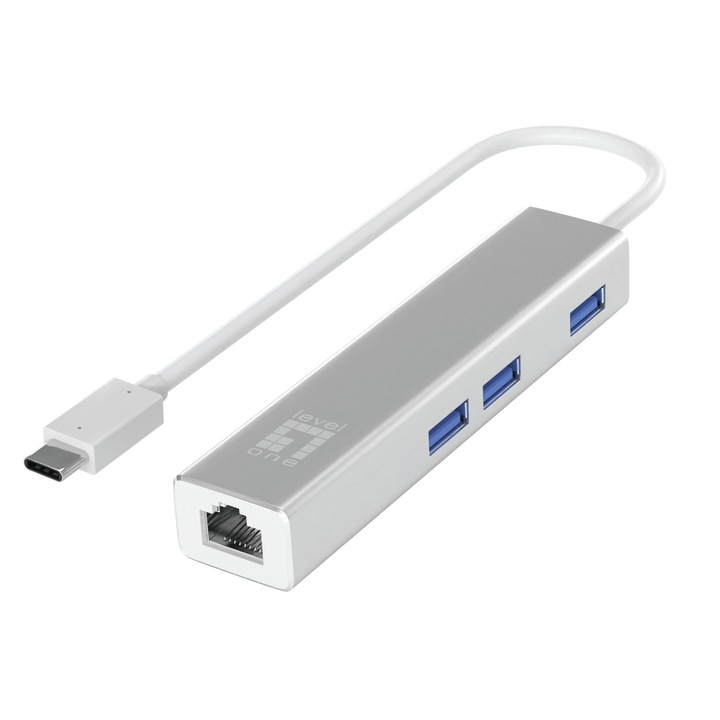 Hub USB-C LevelOne, adaptor Ethernet Gigabit, 3xUSB 3.0, argintiu, 0,15m