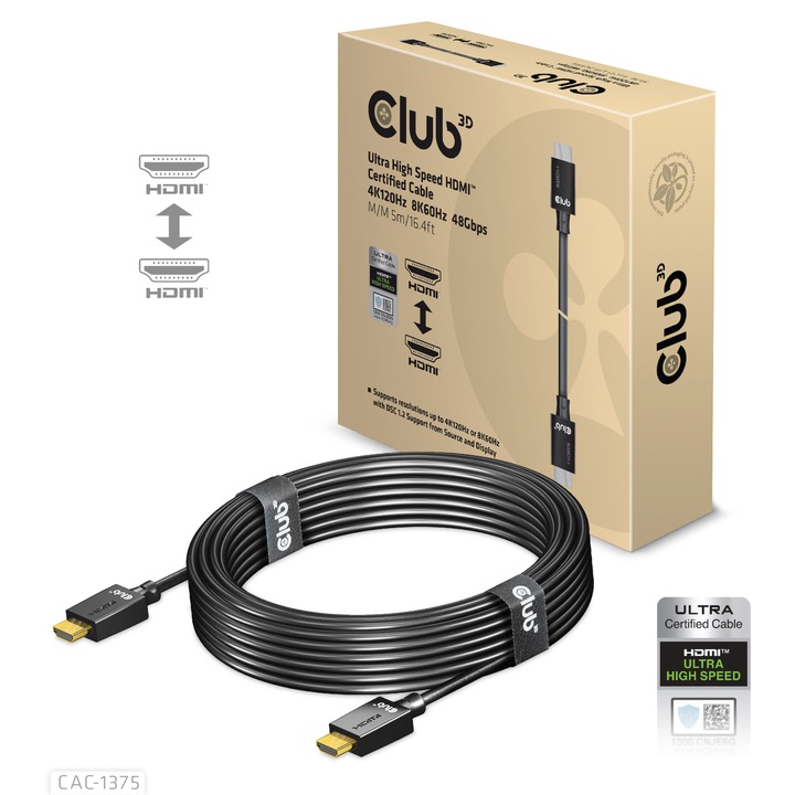 Кабел CLUB3D Ultra High Speed HDMI™, 4K, 120Hz, 8K, 60Hz, 48Gbps, M/M, 5m