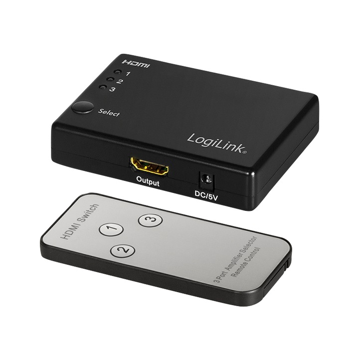 HDMI превключвател, LogiLink, ABS, 60 Hz, 58 x 80 x 18 mm, черен