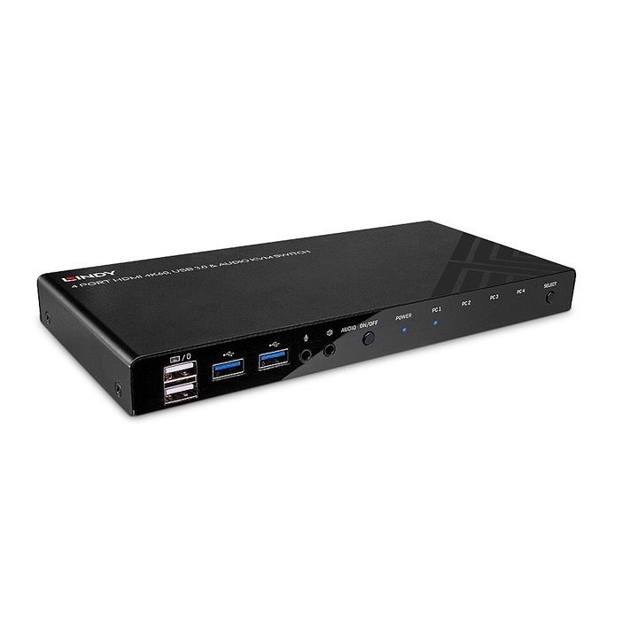 Switch KVM, Lindy, HDMI 4K60, USB 3.0, 4 porturi, Negru