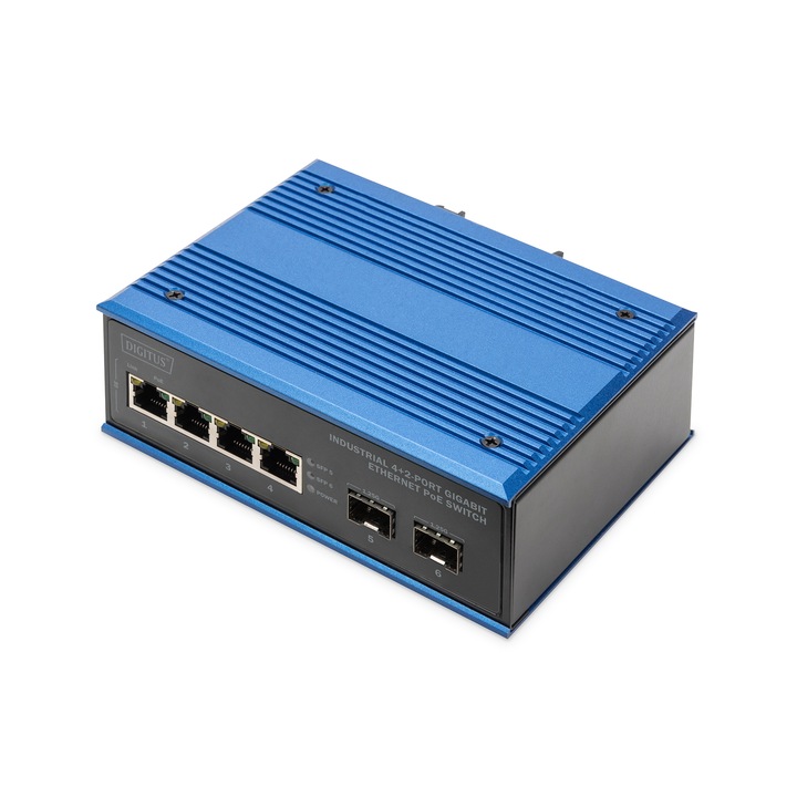 Switch fara management DIGITUS 4+2-Port Gigabit Ethernet PoE, 4 porturi RJ-45, 2 module SFP, 48-57V