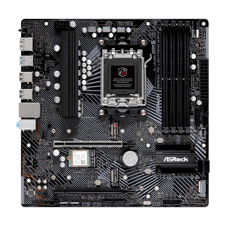 Дънна платка ASRock B650M PG Lightning WiFi - Motherboard - micro ATX - Socket AM5 - AMD B650 Chipset - USB 3.2 Gen 1, USB 3.2 Gen 2, USB-C 3.2 Gen2, USB-C 3.2 Gen 1 - 2.5 Gigabit LAN, Bluetooth, Wi-Fi - onboard graphics (CPU required B650MPGLIGHTNINGWIFI