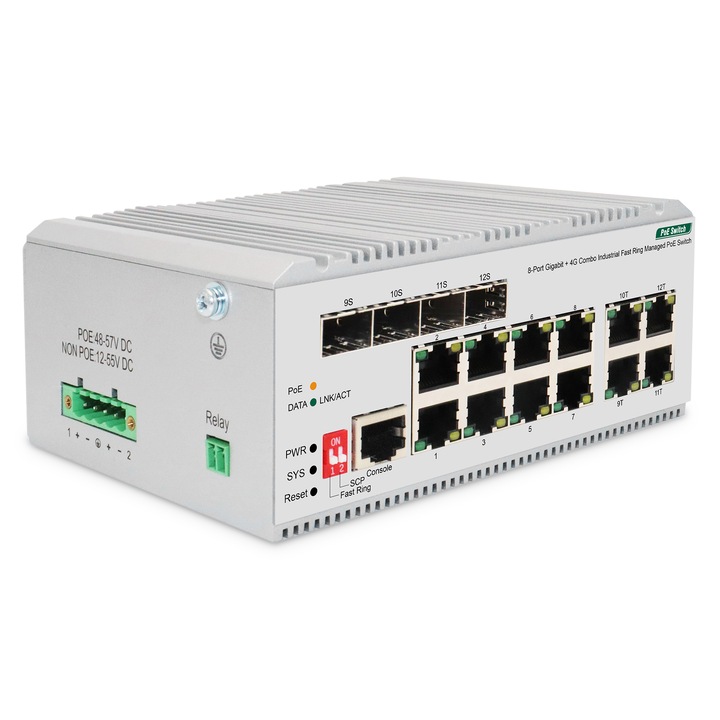 Switch PoE de retea Gigabit Ethernet DIGITUS cu 8 porturi, industrial, gestionat L2, 4 SFP Uplink
