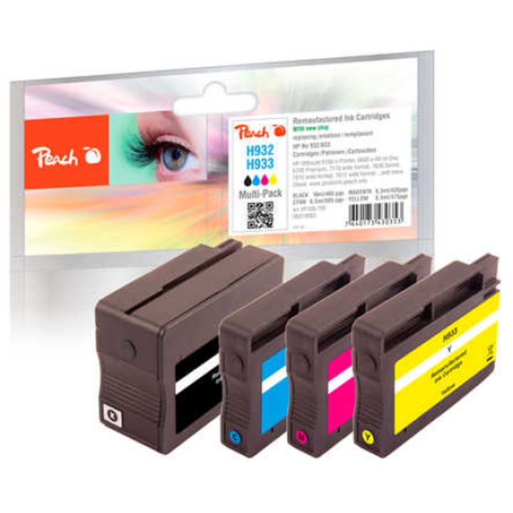 Peach nyomtatópatronok, 4 db-os készlet, pigment alapú tinta, fekete, cián, magenta, sárga, 16ml, 8,5ml