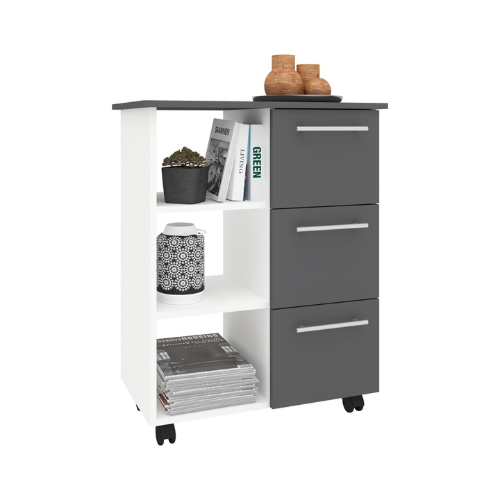 Corp Mobil haaus Loma, 3 Sertare, 3 Rafturi, Antracit/Alb, 64 x 35 x 85 cm