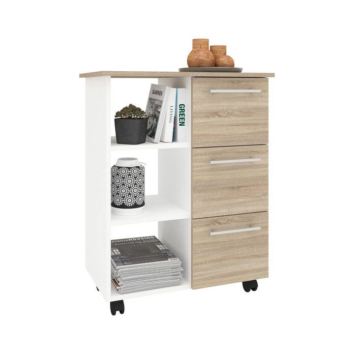 Corp Mobil haaus Loma, 3 Sertare, 3 Rafturi, Stejar Sonoma/Alb, 64 x 35 x 85 cm