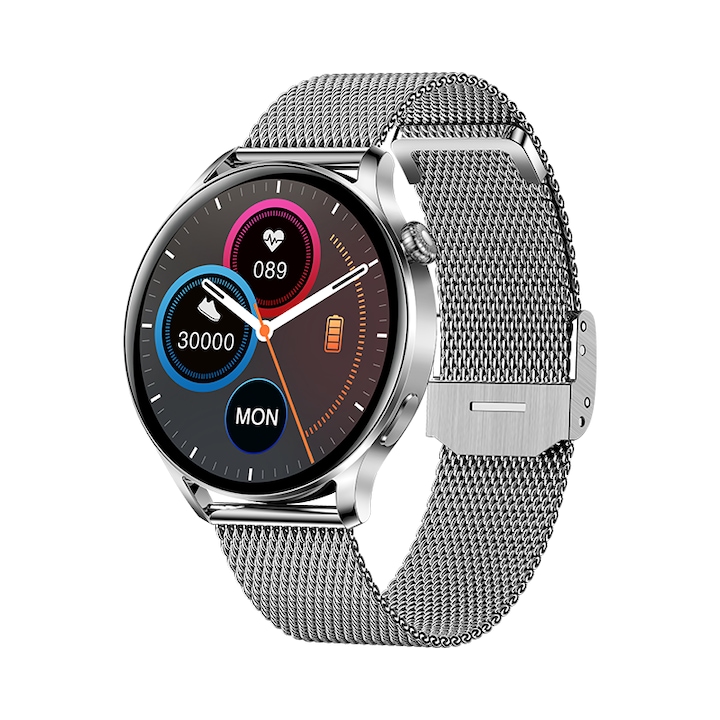 Смарт часовник PulsePro™ StyleLite за жени, дисплей 1,36" сензорен екран, Android/IOS, Bluetooth HD разговори, фитнес тракер, мониторинг на сърдечната честота, мониторинг на съня, метална каишка, сребърно издание