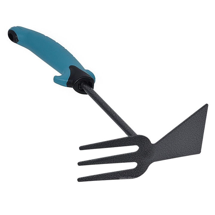 Shopiens® 2 az 1-ben kerti szerszám villával és kapával, fém PP nyéllel, fekete/kék, 30 cm