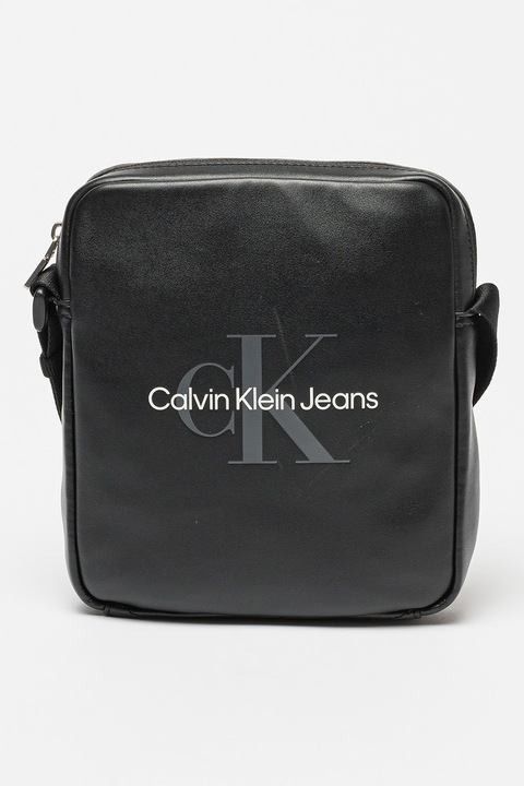 CALVIN KLEIN JEANS, Ökológiai bőr crossbody táska monogrammal, Fekete