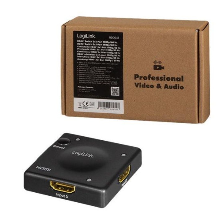Comutator, LogiLink, HDMI, 3x1-port, 1080p/60 Hz HDCP CEC Mini