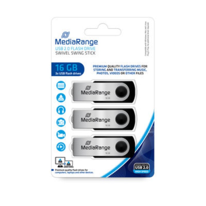 Set 3 stickuri USB, MediaRange, 16 GB, Negru/Argintiu