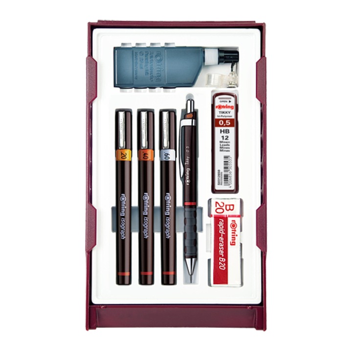 Комплект инструменти за писане, Rotring, 3 химикалки, механичен молив, пълнители, многоцветни