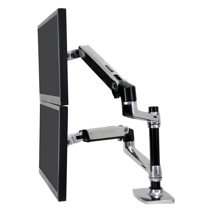 Suport dublu LX Series, Ergotron, Ajustare inaltime, Sarcina maxima 18.1 kg, 75 x 75 mm / 100 x 100 mm, Argintiu / Negru