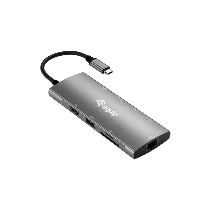 Многофункционален адаптер USB-C, Equip, Пластмаса, Сив, 0.25м