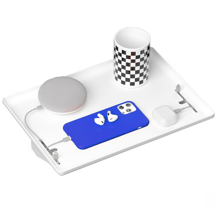 Raft pentru pat NextWave®️, cu suport pentru telefon, tableta si obiecte, incarcator, prindere incorporata pentru cabluri, 32x24x7 cm, alb