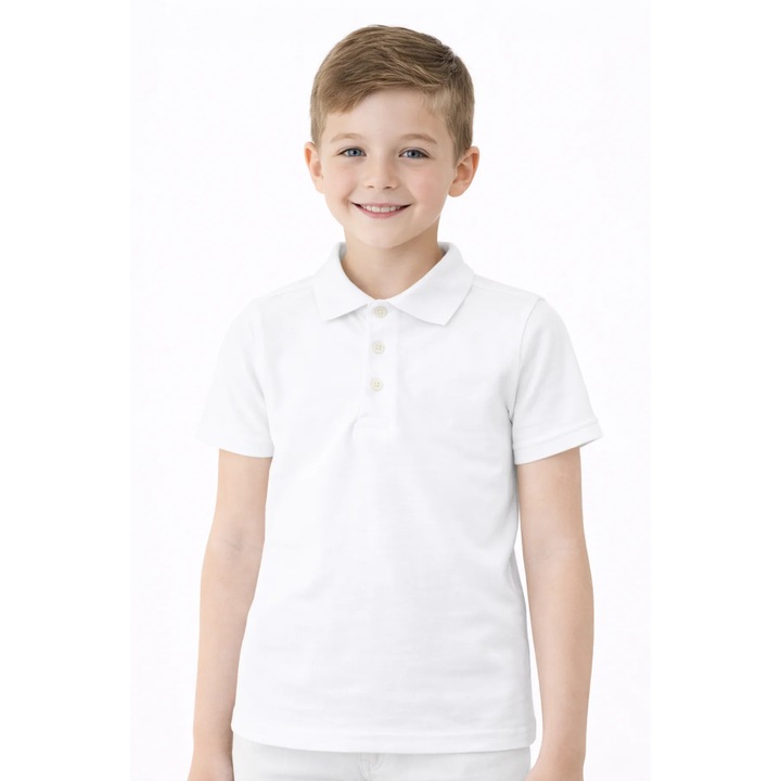 Tricou scoala cu maneca scurta, baieti, tip polo, alb, Alb