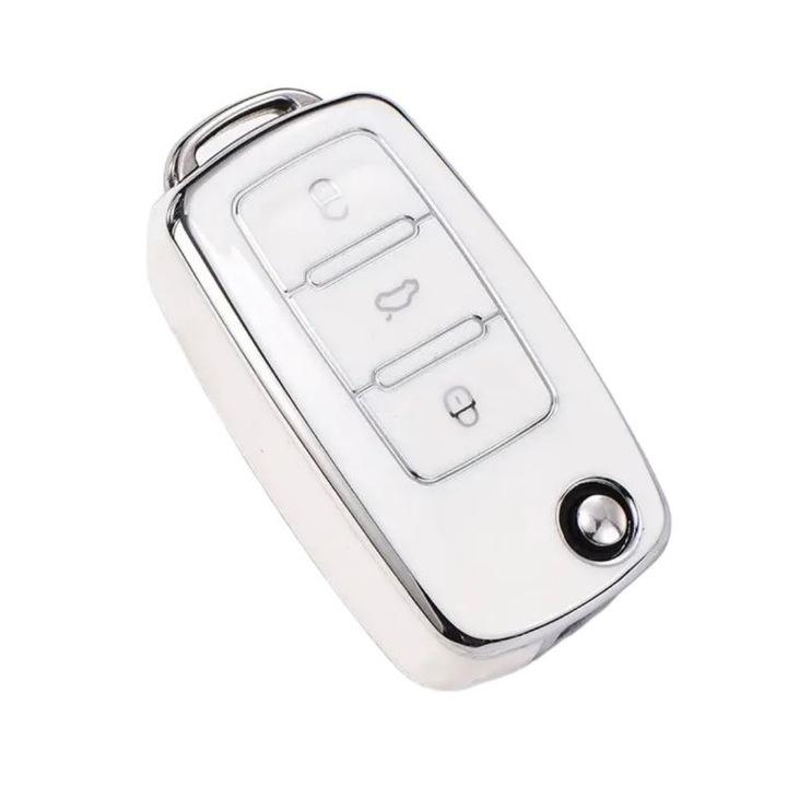 Защитен калъф за ключ, За Volkswagen, тип нож, съвместим с VW Polo, Golf, Passat, Beetle, Caddy, Transporter, T5, Tiguan, Jetta, Skoda Octavia A5, 3 бутона, Мек материал, Бял