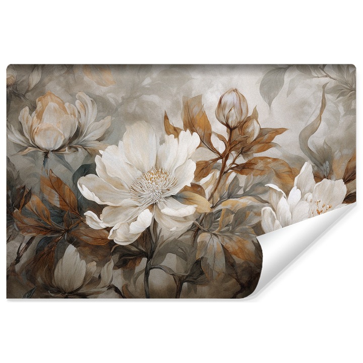 Fototapet Muralo flori, bujori albi pe un perete de beton 135 cm x 90 cm decor camera de zi