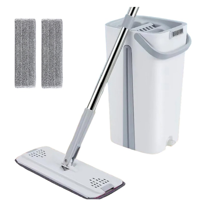 Set Curatenie TNS®, Mop Plat, Galeata Doua Compartimente 37x21x18.5, Clatire/Stoarcere, Doua Insertii Microfibra, Mop Telescopic 130 cm, Alb/Gri