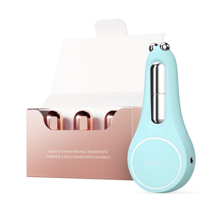 Set FOREO A Wink 'n' a Smile - Dispozitiv antirid cu microcurenti BEAR 2 eyes & lips + Ser FOREO SUPERCHARGED Eye & Lip Contour Booster 3x3.5 ml - Tratament anticearcan si dispozitiv pentru buze pline